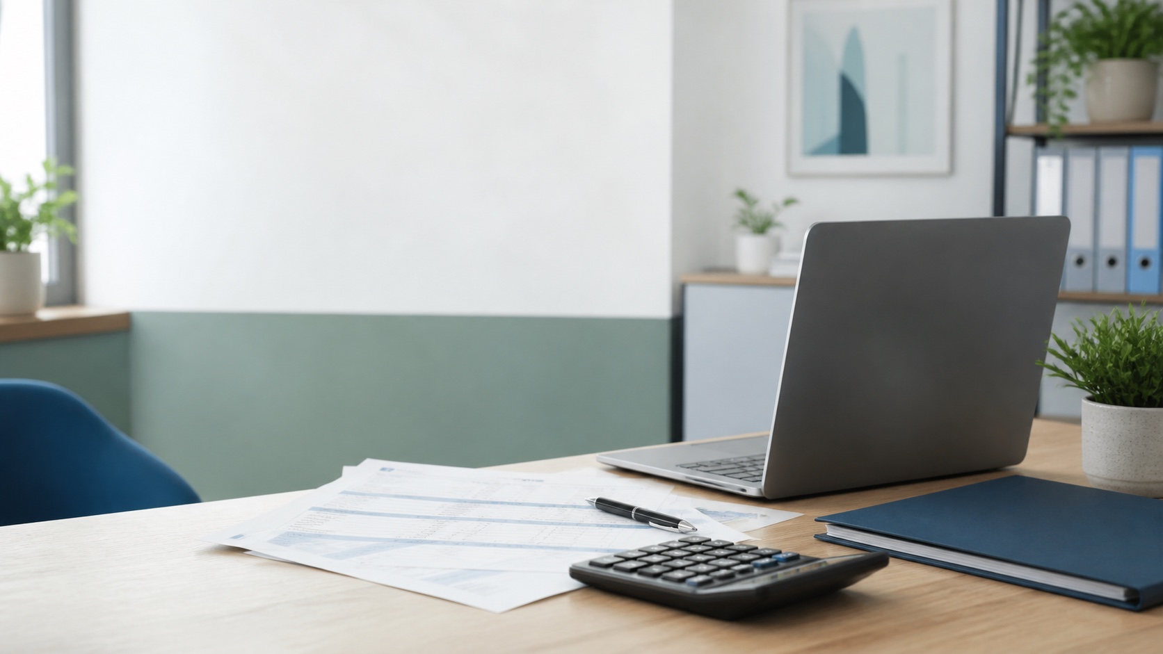 Tax planning desk with calculator and organised paperwork